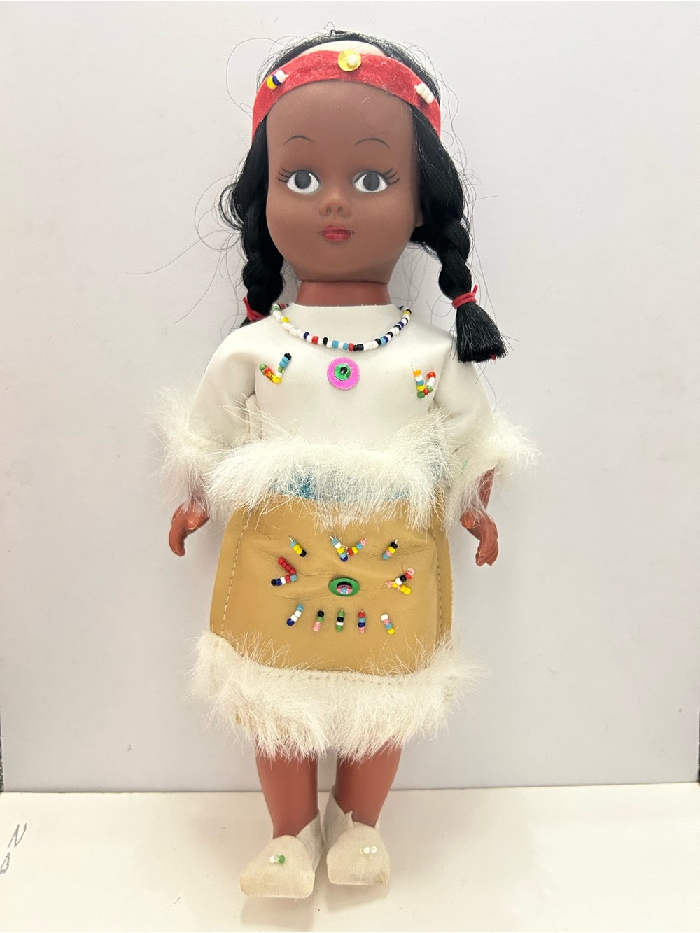 Vintage Native American Doll Made in Hong Kong 11” Leather Outfit & Beaded